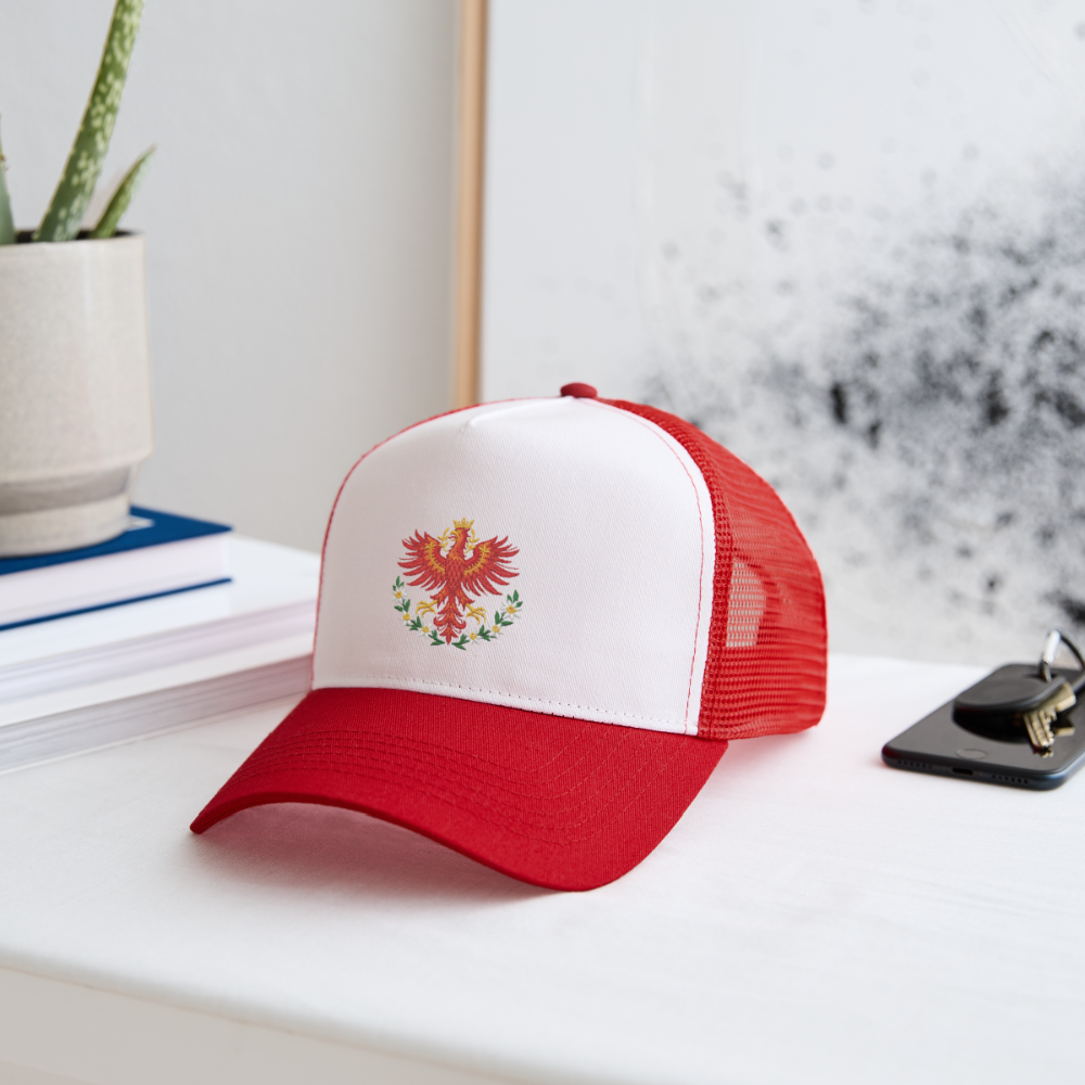 "Roter Adler" - Schildkappe - Tiroler Design Südtirol | Trucker Cap Modern - Weiß/Rot