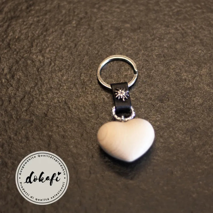 Schlüsselanhänger Herz Zirbe schwarzes Leder Edelweiss Südtirol
