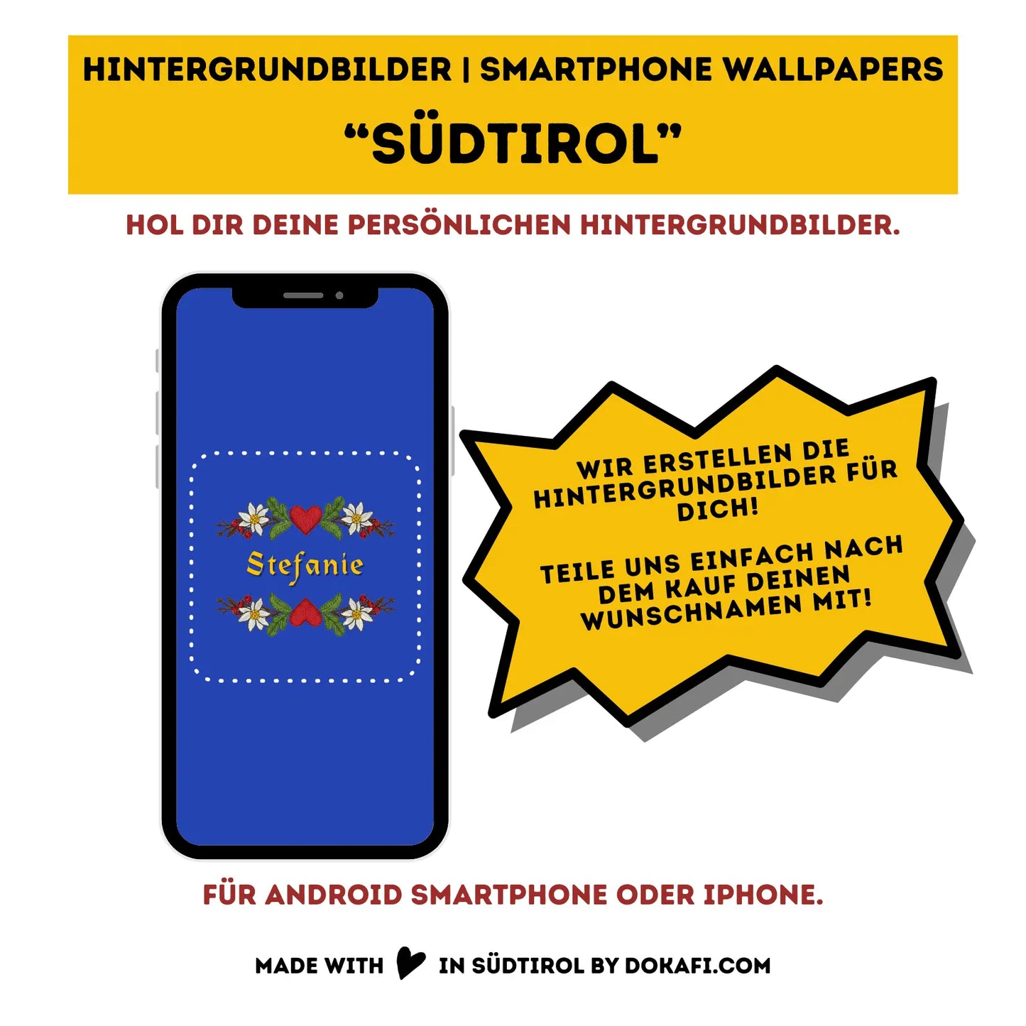Hintergrundbilder "Südtirol" Smartphone Wallpapers | Mit deinem Namen personalisiert | Digitaler Download | Tiroler Design | 5 Bilder | für Android und iPhone
