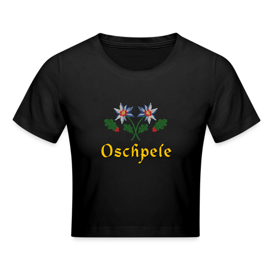 "Oschpele" - Frauen Cropped T-Shirt - Tiroler Design Südtirol | Lustig - Schwarz