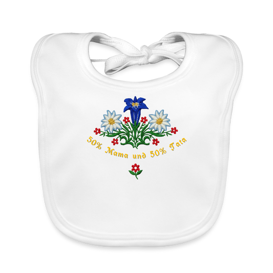 "50% Mama  und 50% Tata" - Lätzchen - Tiroler Design Südtirol | Baby Bio-Lätzchen Lustig - Weiß