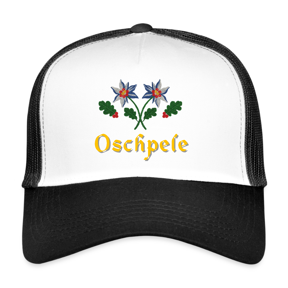 "Oschpele" - Schildkappe - Tiroler Design Südtirol | Trucker Cap - Weiß/Schwarz
