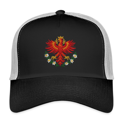 "Roter Adler" - Schildkappe - Tiroler Design Südtirol | Trucker Cap Modern - Schwarz/Steingrau