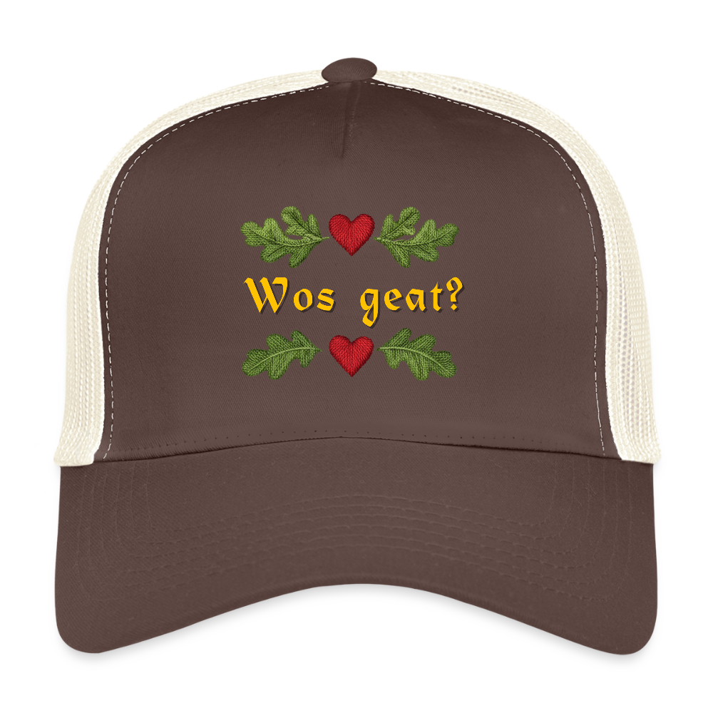 "Wos geat?" - Schildkappe - Tiroler Design Südtirol | Trucker Cap - Braun/Beige