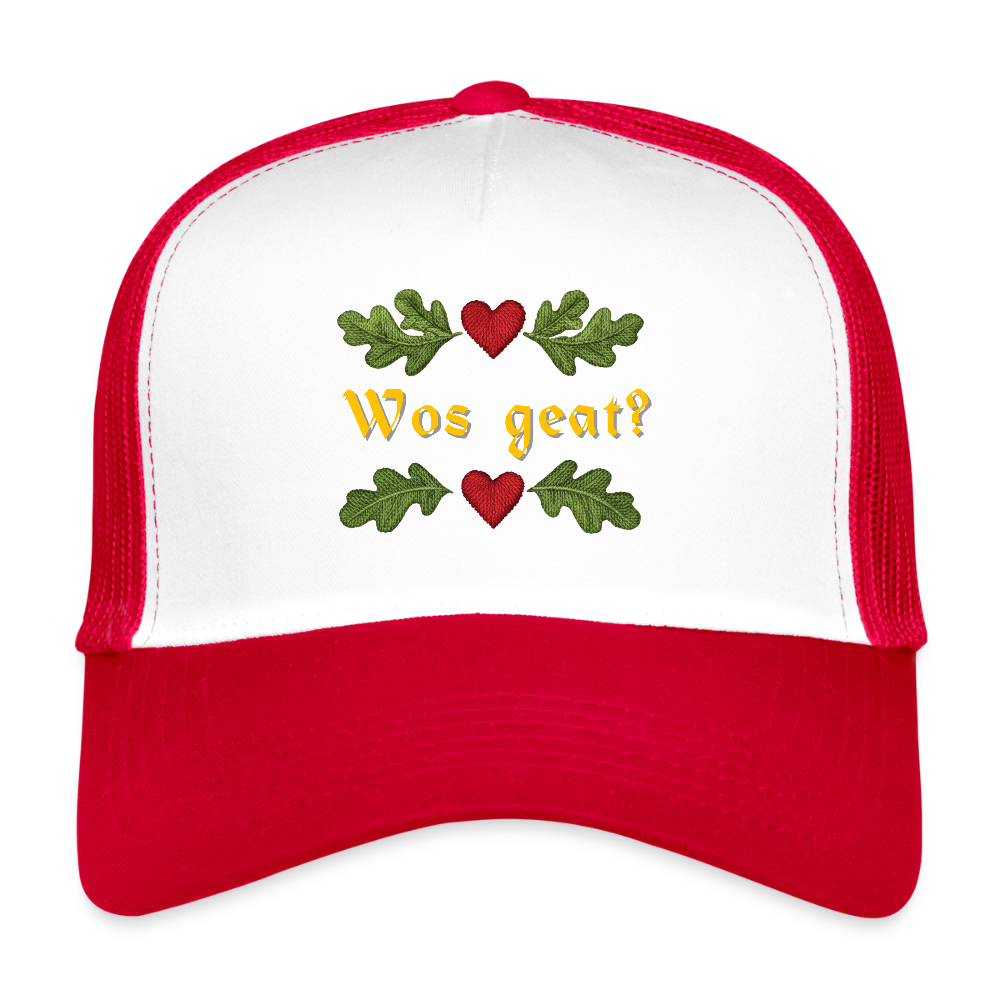 "Wos geat?" - Schildkappe - Tiroler Design Südtirol | Trucker Cap - Weiß/Rot