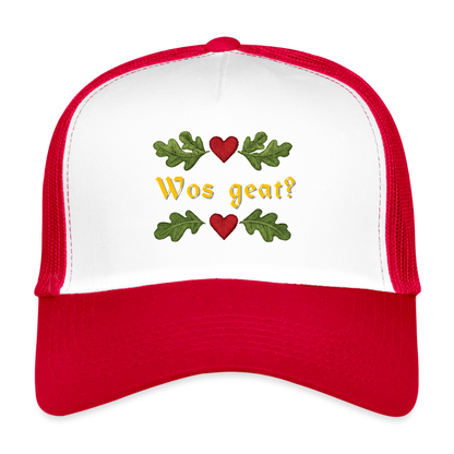 "Wos geat?" - Schildkappe - Tiroler Design Südtirol | Trucker Cap - Weiß/Rot