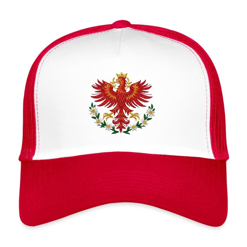 "Roter Adler" - Schildkappe - Tiroler Design Südtirol | Trucker Cap Modern - Weiß/Rot