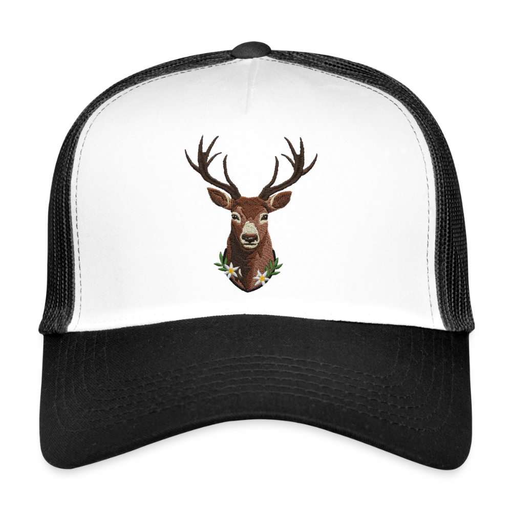 "Hirsch" - Schildkappe - Tiroler Design Südtirol | Trucker Cap Modern Jäger Jagd - Weiß/Schwarz