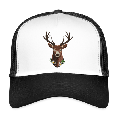 "Hirsch" - Schildkappe - Tiroler Design Südtirol | Trucker Cap Modern Jäger Jagd - Weiß/Schwarz