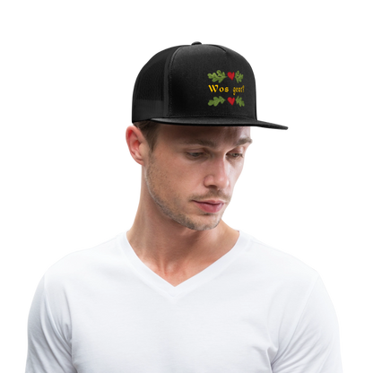 "Wos geat?" - Schildkappe - Tiroler Design Südtirol | Trucker Cap - Schwarz/Schwarz