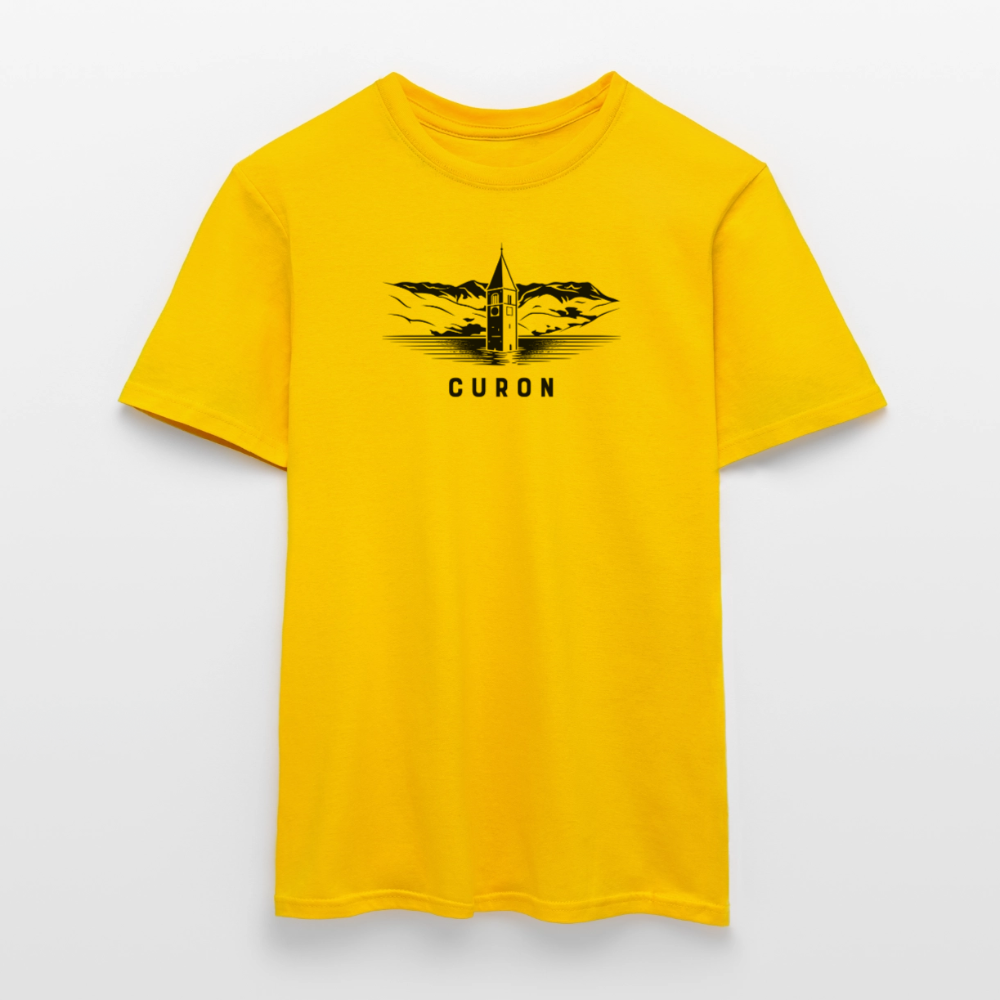 "Curon" - Shirt -  Turm im Reschensee Design Modern | Männer T-Shirt Südtirol - Gelb