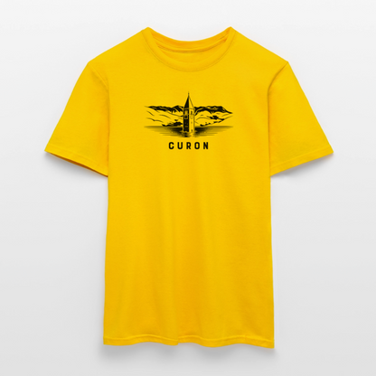 "Curon" - Shirt -  Turm im Reschensee Design Modern | Männer T-Shirt Südtirol - Gelb