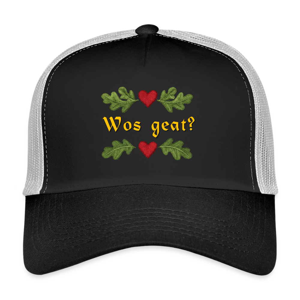 "Wos geat?" - Schildkappe - Tiroler Design Südtirol | Trucker Cap - Schwarz/Steingrau