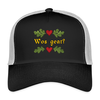 "Wos geat?" - Schildkappe - Tiroler Design Südtirol | Trucker Cap - Schwarz/Steingrau