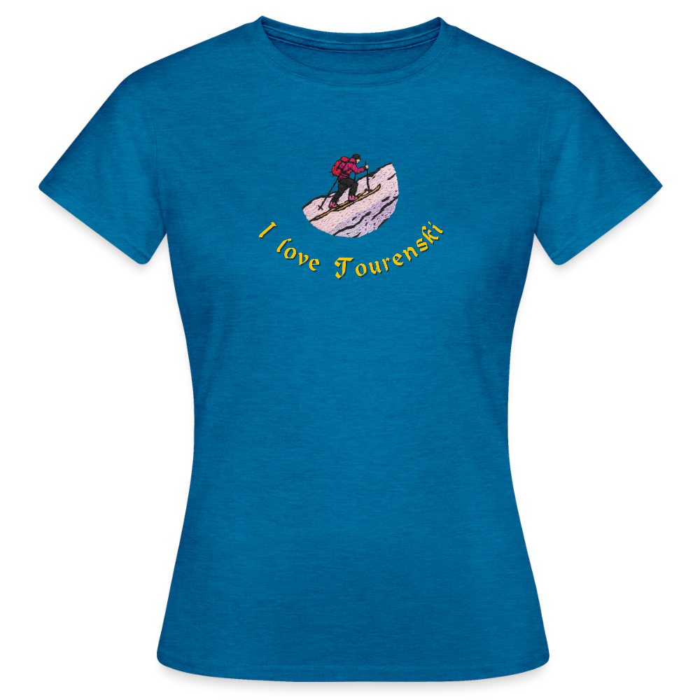 "I love Tourenski" - Shirt - Tiroler Design Südtirol | Frauen T-Shirt Skitouren - Antikblaues Saphir meliert