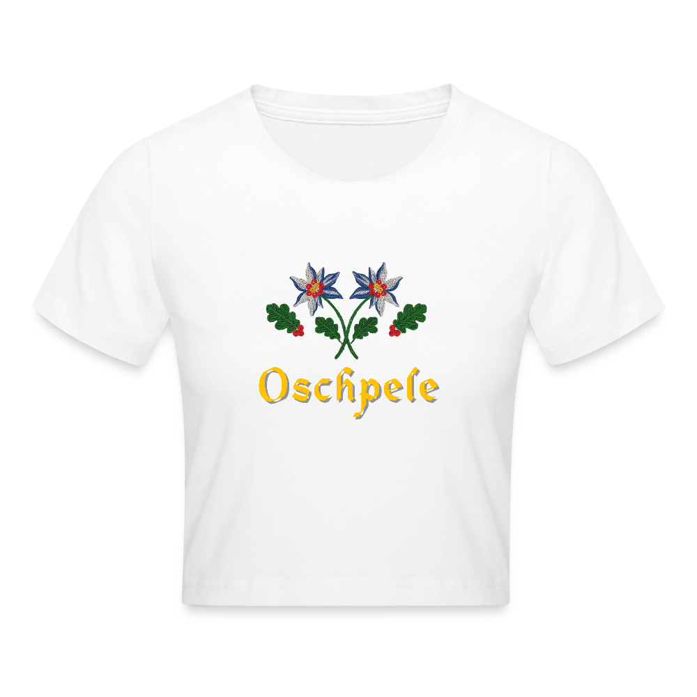 "Oschpele" - Frauen Cropped T-Shirt - Tiroler Design Südtirol | Lustig - Weiß