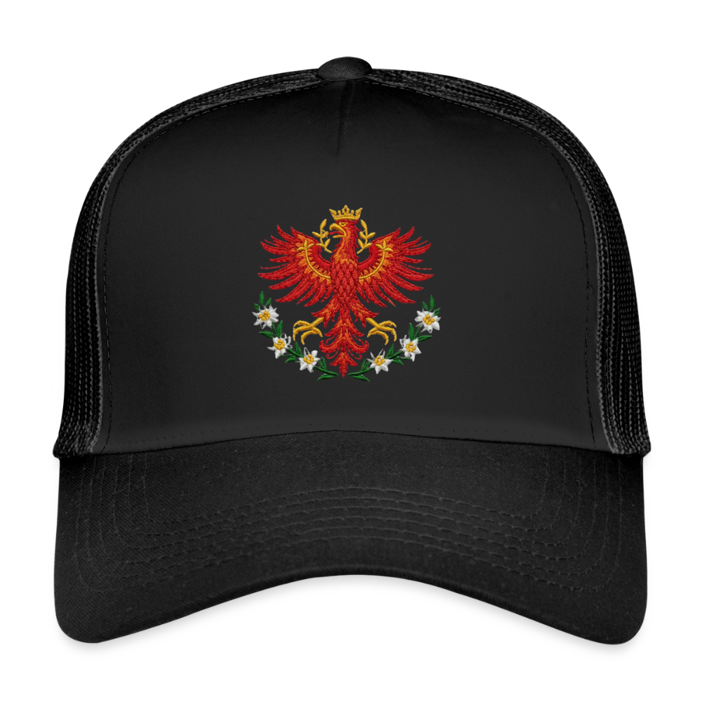 "Roter Adler" - Schildkappe - Tiroler Design Südtirol | Trucker Cap Modern - Schwarz/Schwarz