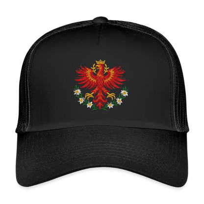 "Roter Adler" - Schildkappe - Tiroler Design Südtirol | Trucker Cap Modern - Schwarz/Schwarz