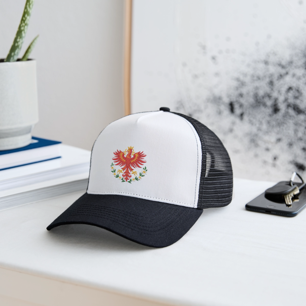 "Roter Adler" - Schildkappe - Tiroler Design Südtirol | Trucker Cap Modern - Weiß/Schwarz