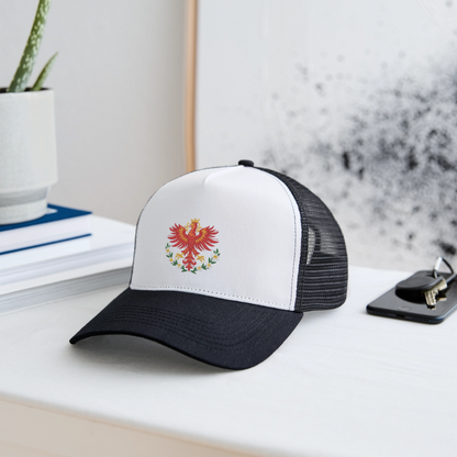 "Roter Adler" - Schildkappe - Tiroler Design Südtirol | Trucker Cap Modern - Weiß/Schwarz