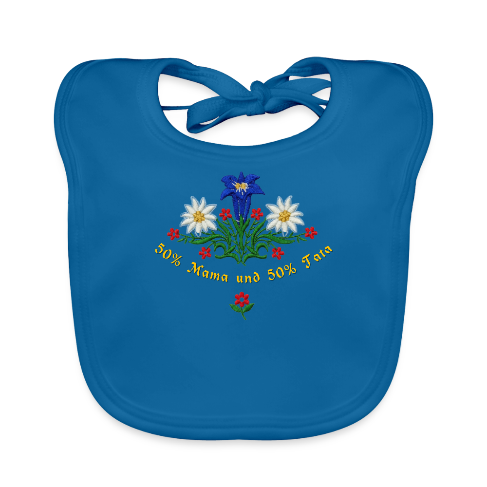 "50% Mama  und 50% Tata" - Lätzchen - Tiroler Design Südtirol | Baby Bio-Lätzchen Lustig - Pfauenblau
