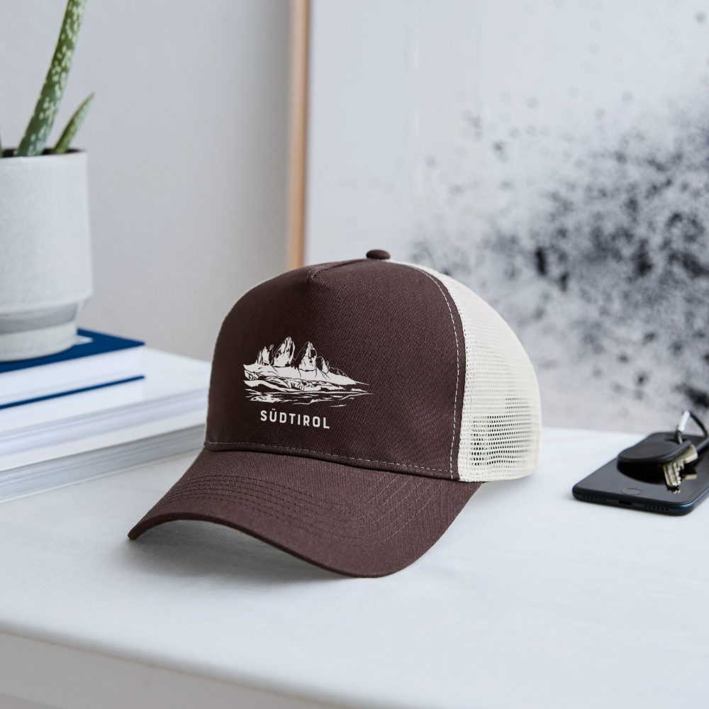 "Südtirol Drei Zinnen" - Schildkappe - Tiroler Design Südtirol | Trucker Cap Modern - Braun/Beige