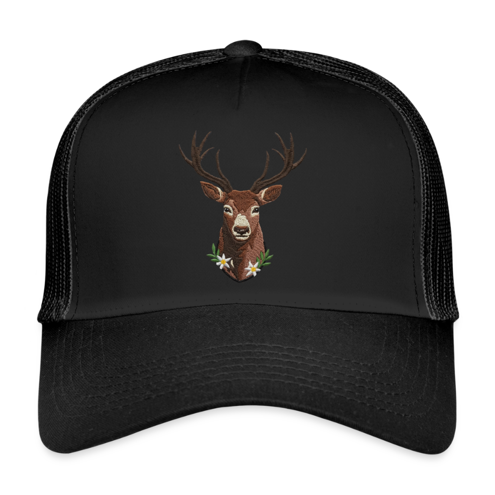 "Hirsch" - Schildkappe - Tiroler Design Südtirol | Trucker Cap Modern Jäger Jagd - Schwarz/Schwarz