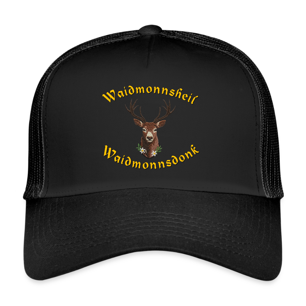"Waidmonnsheil Waidmonnsdonk" - Schildkappe - Tiroler Design Südtirol | Trucker Cap - Schwarz/Schwarz