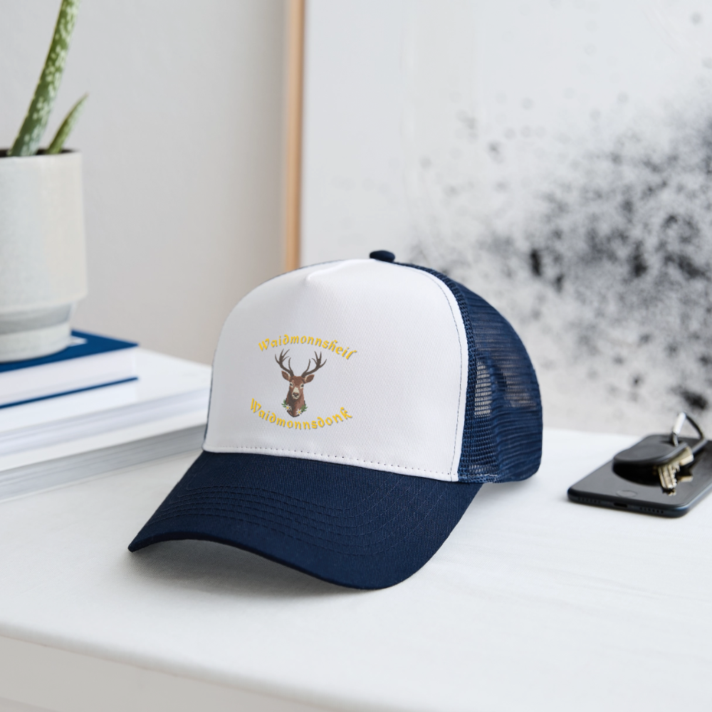 "Waidmonnsheil Waidmonnsdonk" - Schildkappe - Tiroler Design Südtirol | Trucker Cap - Weiß/Navy