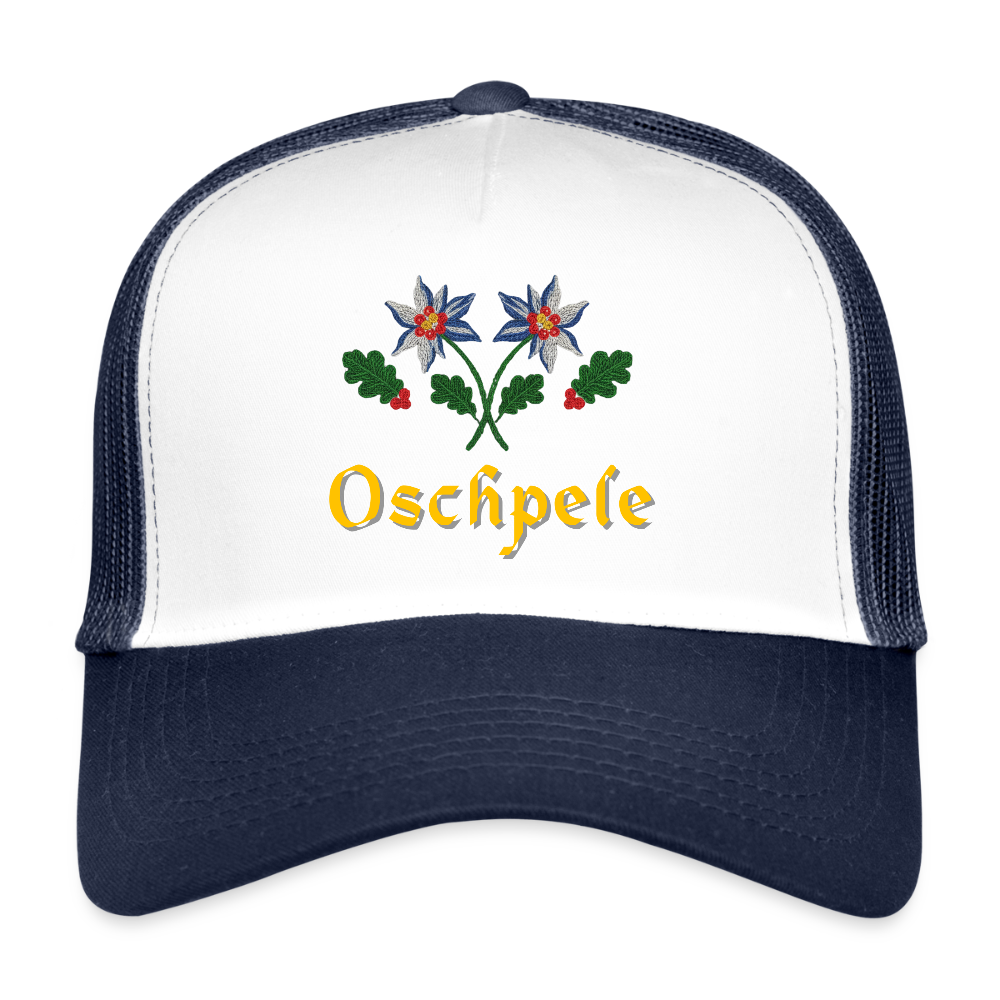 "Oschpele" - Schildkappe - Tiroler Design Südtirol | Trucker Cap - Weiß/Navy