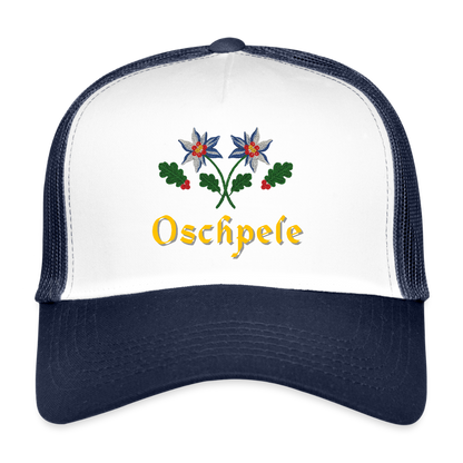 "Oschpele" - Schildkappe - Tiroler Design Südtirol | Trucker Cap - Weiß/Navy