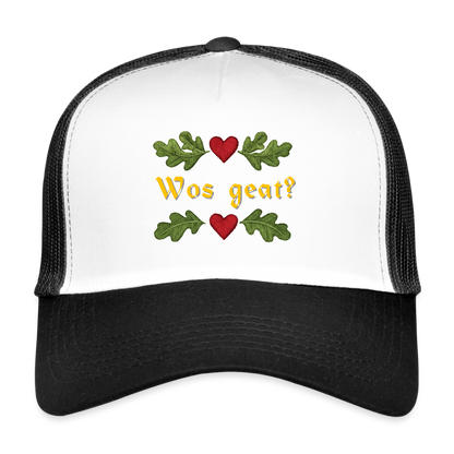 "Wos geat?" - Schildkappe - Tiroler Design Südtirol | Trucker Cap - Weiß/Schwarz