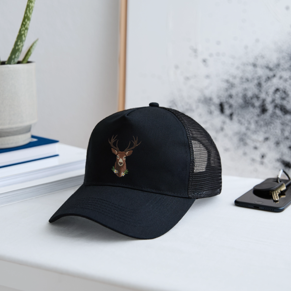"Hirsch" - Schildkappe - Tiroler Design Südtirol | Trucker Cap Modern Jäger Jagd - Schwarz/Schwarz