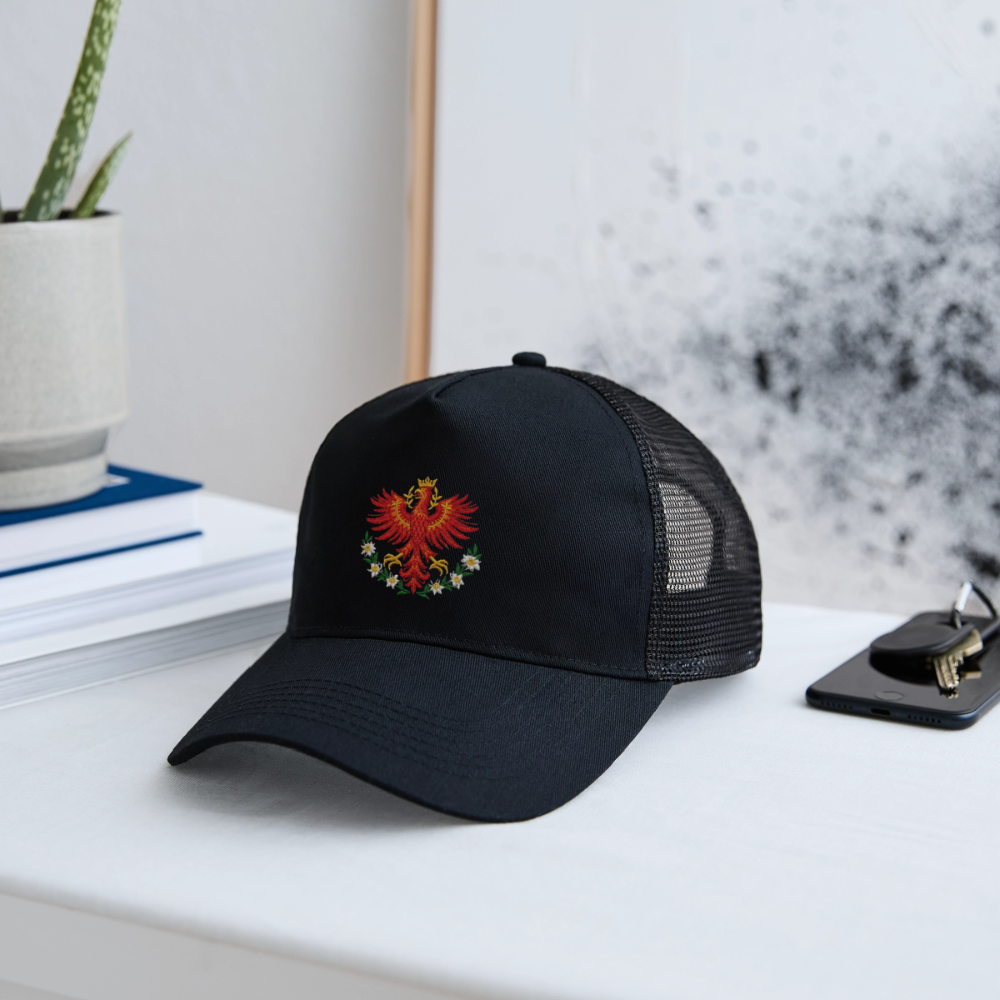 "Roter Adler" - Schildkappe - Tiroler Design Südtirol | Trucker Cap Modern - Schwarz/Schwarz