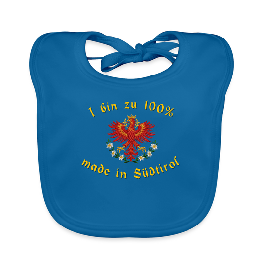 "I bin zu 100% made in Südtirol" - Lätzchen - Tiroler Design Südtirol | Baby Bio-Lätzchen Lustig - Pfauenblau