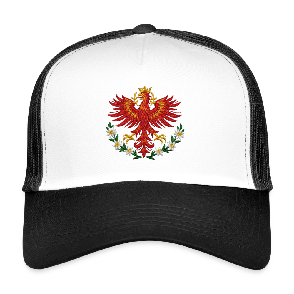 "Roter Adler" - Schildkappe - Tiroler Design Südtirol | Trucker Cap Modern - Weiß/Schwarz