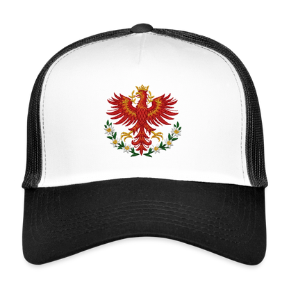 "Roter Adler" - Schildkappe - Tiroler Design Südtirol | Trucker Cap Modern - Weiß/Schwarz