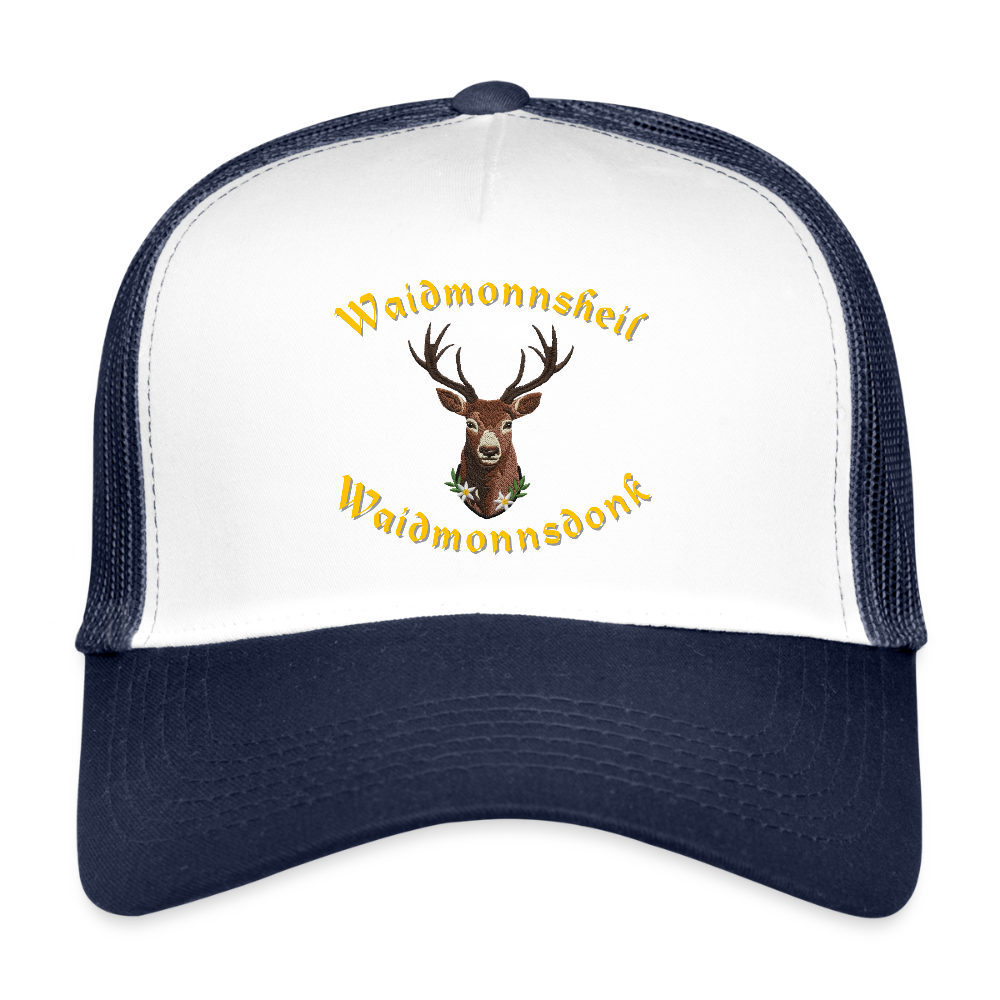 "Waidmonnsheil Waidmonnsdonk" - Schildkappe - Tiroler Design Südtirol | Trucker Cap - Weiß/Navy