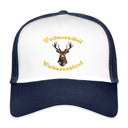 "Waidmonnsheil Waidmonnsdonk" - Schildkappe - Tiroler Design Südtirol | Trucker Cap - Weiß/Navy