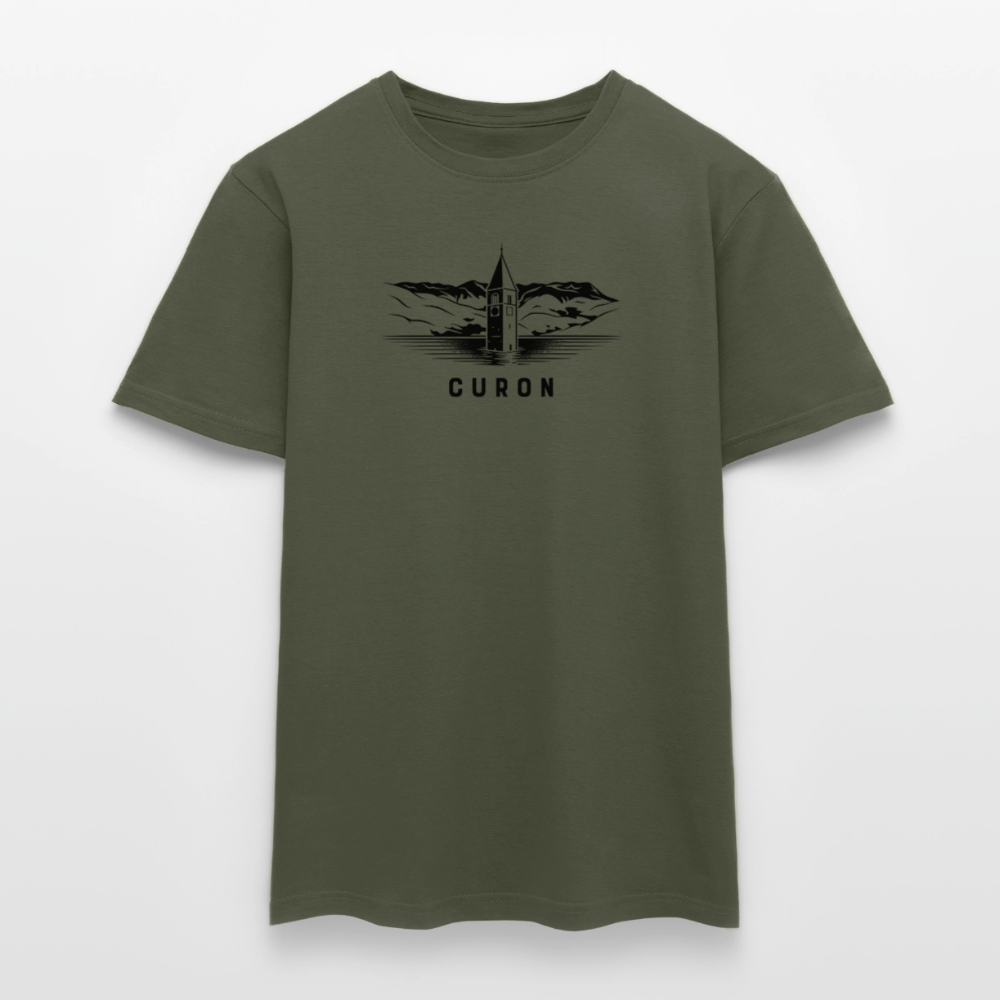 "Curon" - Shirt -  Turm im Reschensee Design Modern | Männer T-Shirt Südtirol - Militärgrün