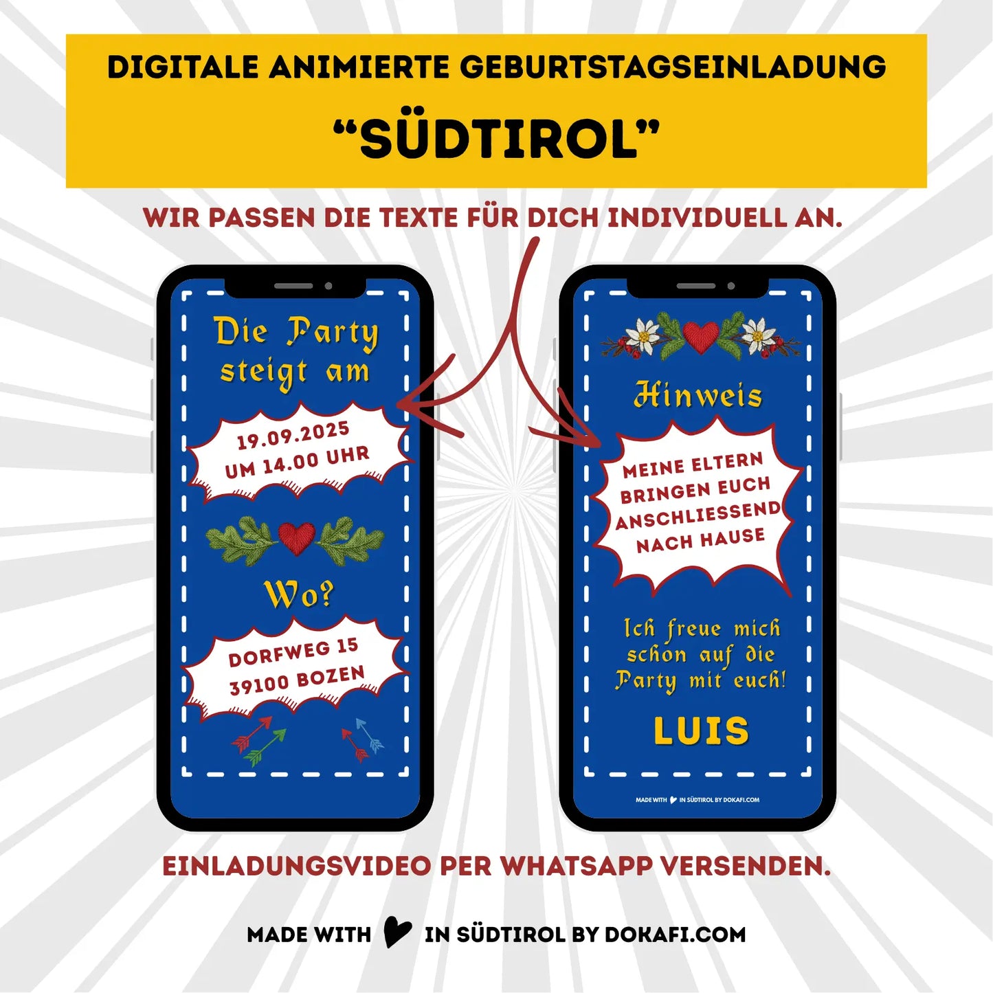 Animierte Geburtstagseinladung "Südtirol" | Digitaler Download | Video | Tiroler Design | Einladung für Kinder oder Erwachsene | Digitale Einladung für Whatsapp | Instagram | Tiktok
