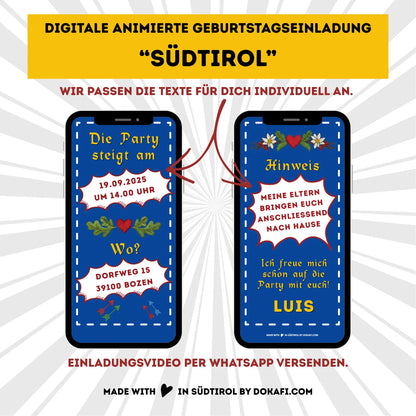 Animierte Geburtstagseinladung "Südtirol" | Digitaler Download | Video | Tiroler Design | Einladung für Kinder oder Erwachsene | Digitale Einladung für Whatsapp | Instagram | Tiktok