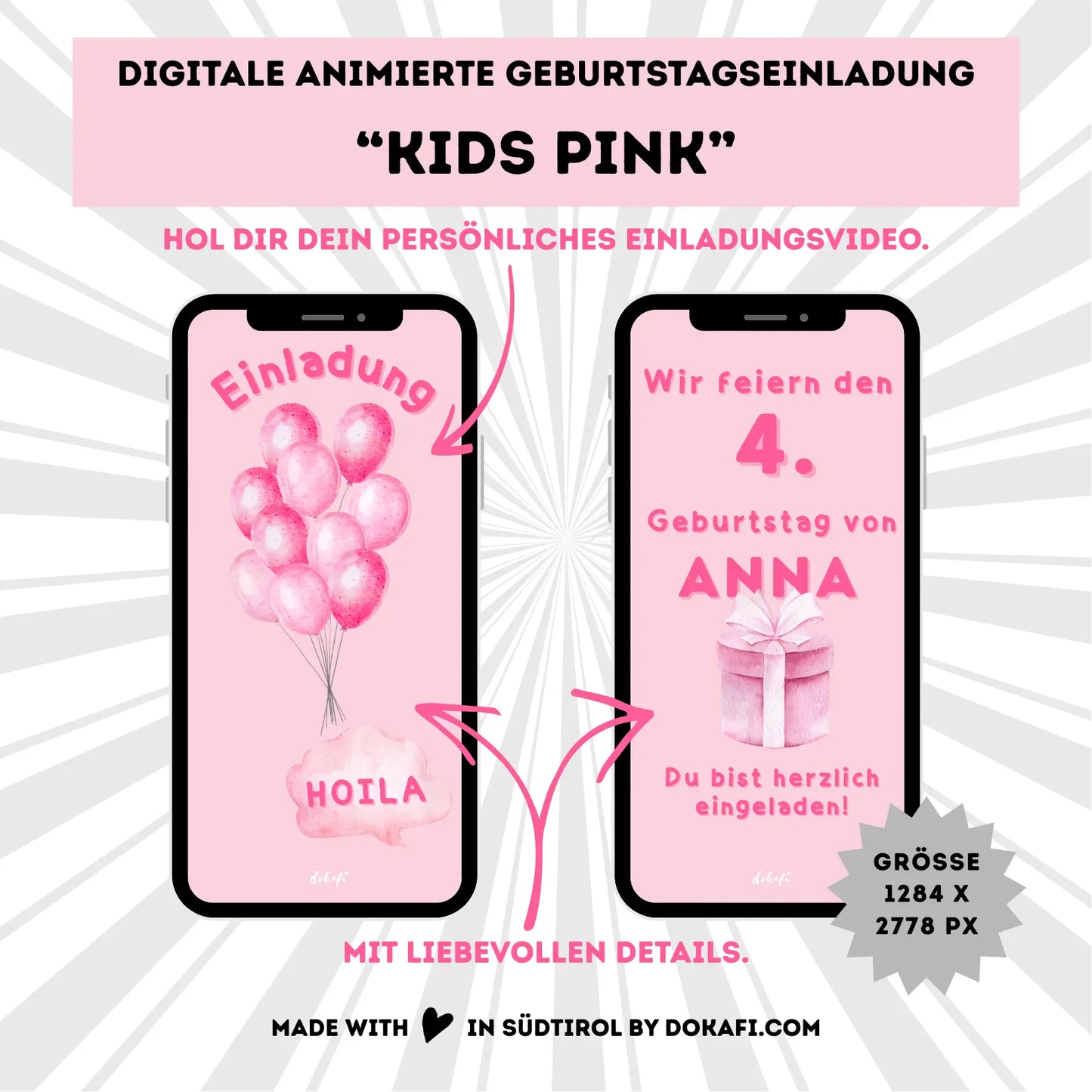 Animierte Geburtstagseinladung "Kids Pink" | Digitaler Download | Video | Fröhliches Design | Einladung für Kinder | Digitale Einladung für Whatsapp | Instagram | Tiktok