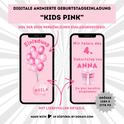 Animierte Geburtstagseinladung "Kids Pink" | Digitaler Download | Video | Fröhliches Design | Einladung für Kinder | Digitale Einladung für Whatsapp | Instagram | Tiktok