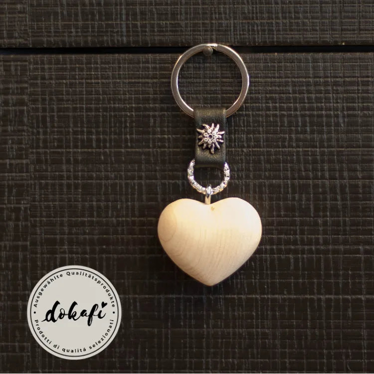 Schlüsselanhänger Herz Zirbe schwarzes Leder Edelweiss Südtirol