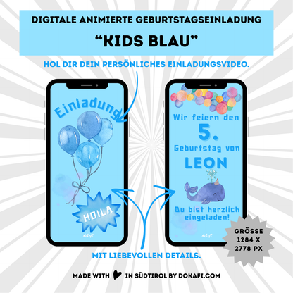 Animierte Geburtstagseinladung "Kids Blau" | Digitaler Download | Video | Fröhliches Design | Einladung für Kinder | Digitale Einladung für Whatsapp | Instagram | Tiktok