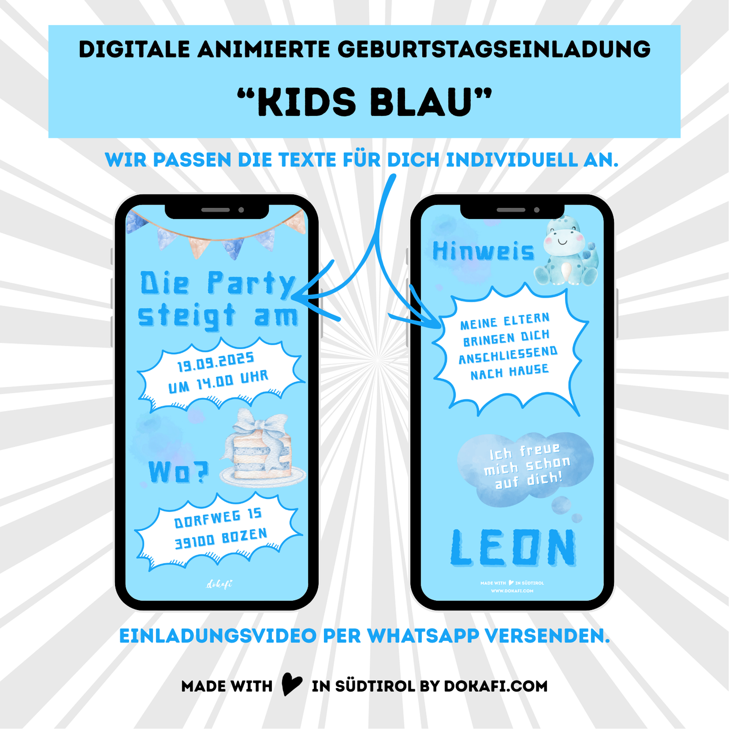 Animierte Geburtstagseinladung "Kids Blau" | Digitaler Download | Video | Fröhliches Design | Einladung für Kinder | Digitale Einladung für Whatsapp | Instagram | Tiktok
