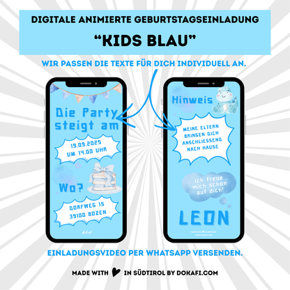 Animierte Geburtstagseinladung "Kids Blau" | Digitaler Download | Video | Fröhliches Design | Einladung für Kinder | Digitale Einladung für Whatsapp | Instagram | Tiktok