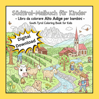 Südtirol-Malbuch für Kinder | Digitaler Download PDF | Dolomiten | Tradition | Knödel | Strudel | Berge | Wandern | Dörfer | eBike | Pizza