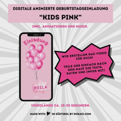 Animierte Geburtstagseinladung "Kids Pink" | Digitaler Download | Video | Fröhliches Design | Einladung für Kinder | Digitale Einladung für Whatsapp | Instagram | Tiktok